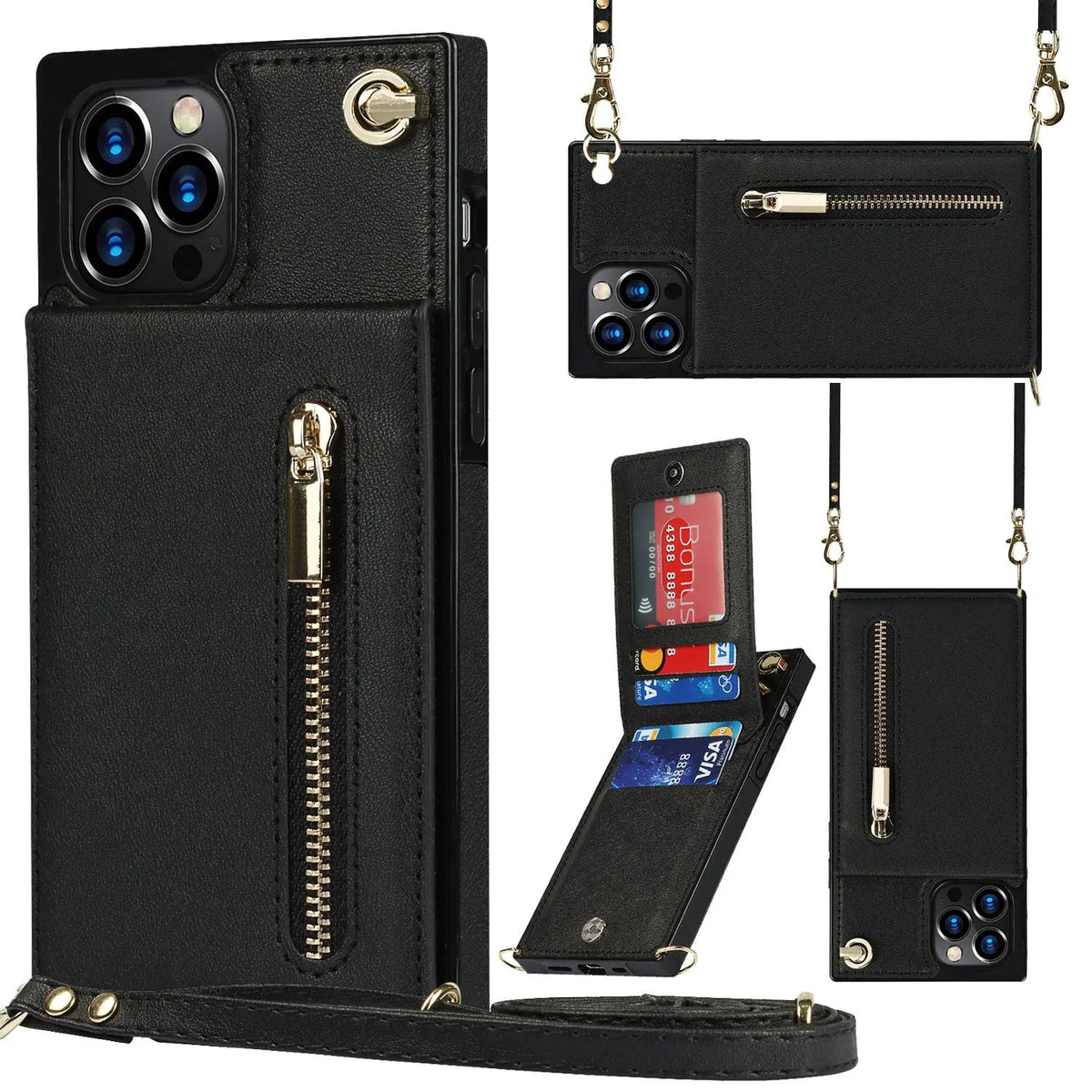 Black leather card case wallet phone case with TPU frame for iPhone, front view showing card slot