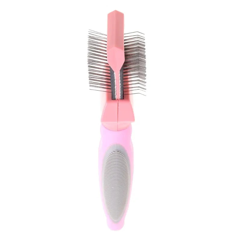 Blue double-sided pet brush with stainless steel pins and ergonomic handle on a white background.
