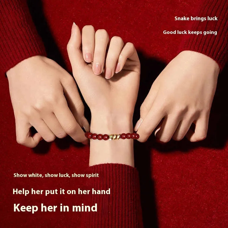 Handmade red cinnabar snake zodiac bracelet with roll snake beads in Chinese style