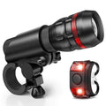 Bicycle headlight and red taillight set with a universal handlebar mounting bracket.
