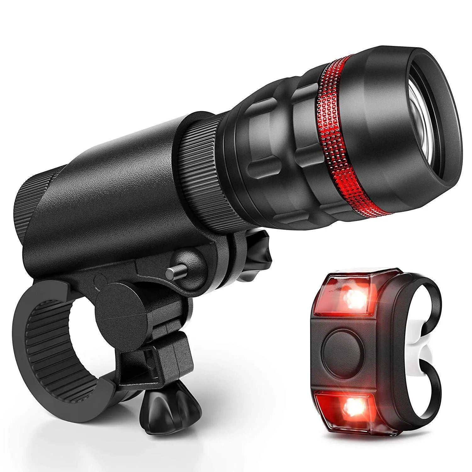 Bicycle headlight and red taillight set with a universal handlebar mounting bracket.