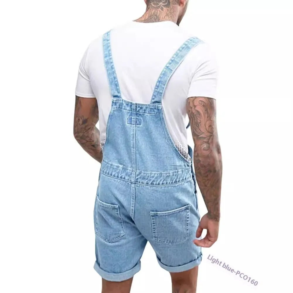 Youth denim suspender shorts with elastic waist and straight leg cut in black, blue, or grey colours