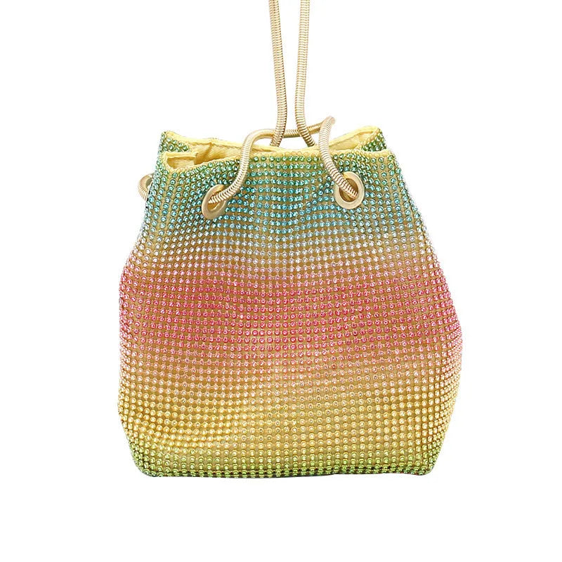 Rainbow glitter rhinestone soft bucket bag for evening parties and weddings.
