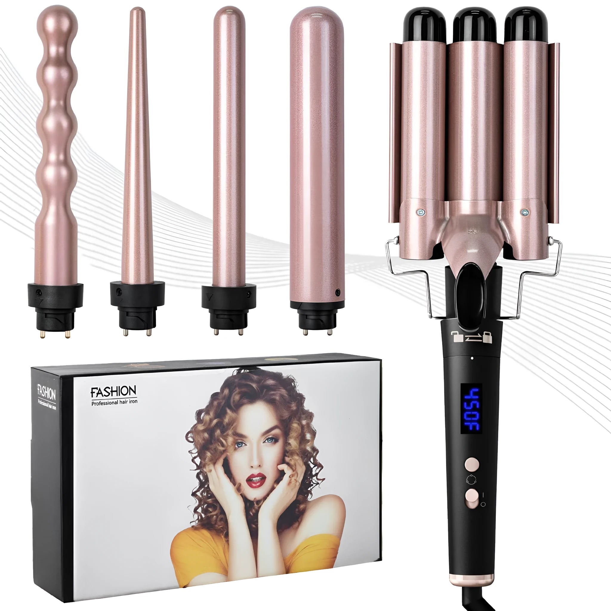 Rose gold negative ion hair curler with five interchangeable curling tubes and LCD display