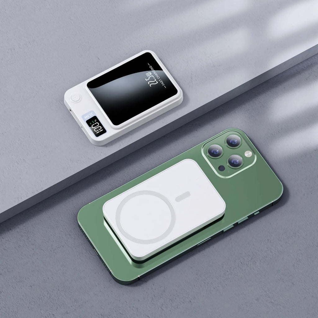 Wireless Magsafe power bank in black, white, purple, or green, showing compact industrial design.