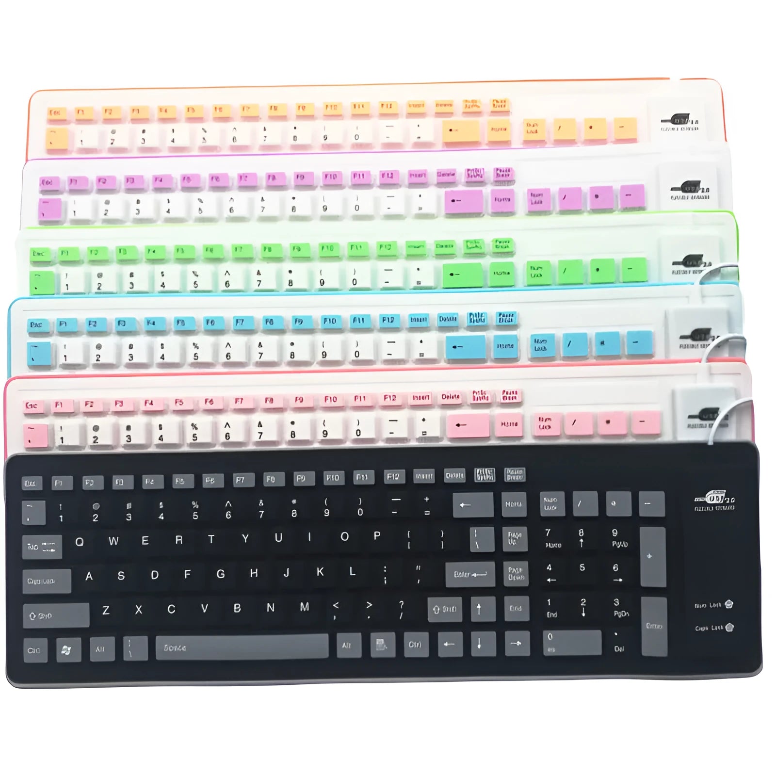 Folding waterproof silicone keyboard in pink with USB cable on a desk