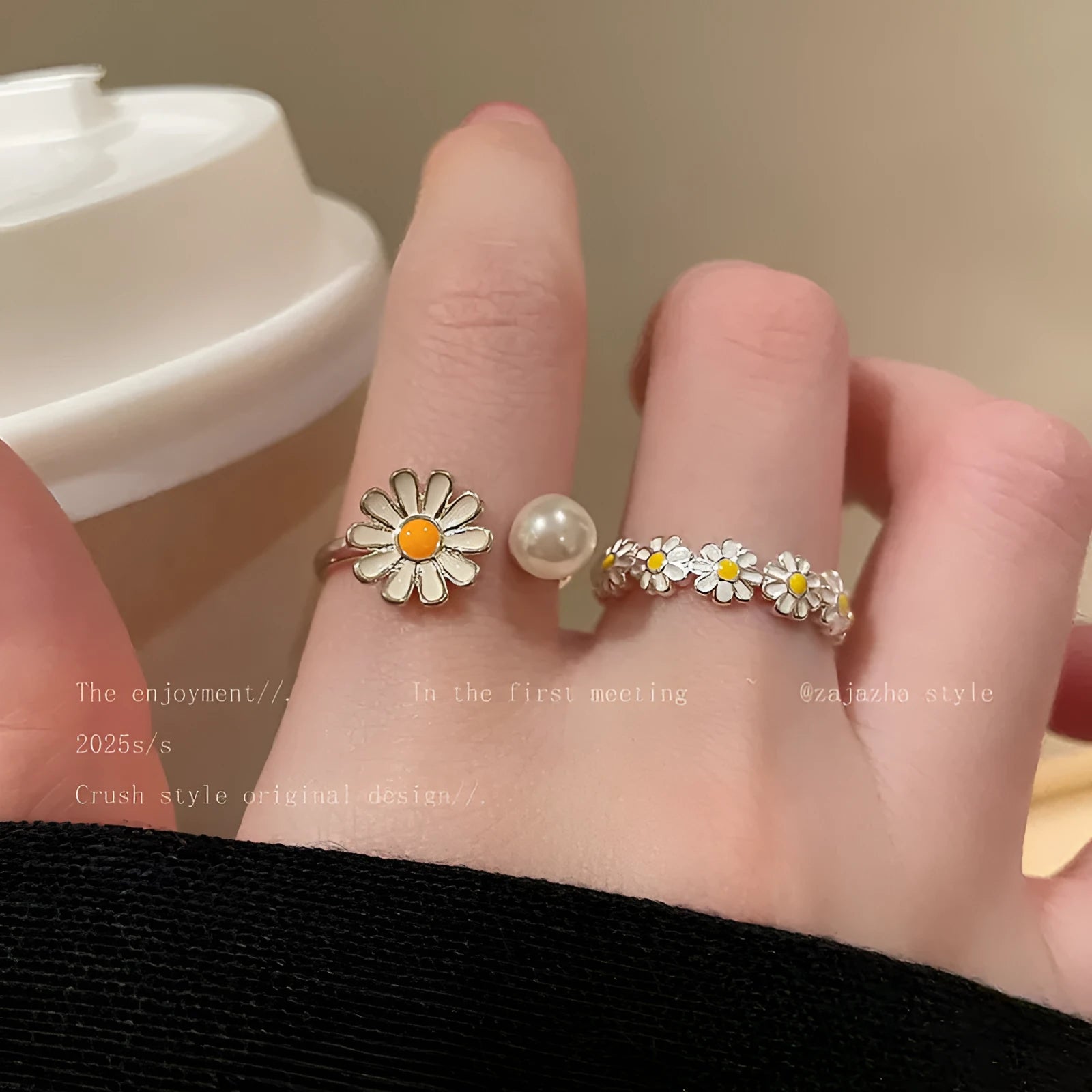 Women's adjustable copper twin ring set with electroplated finish showing opening band design