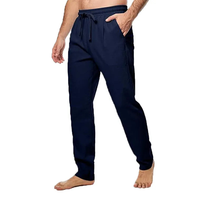 Men's cotton and linen loose straight trousers in khaki with drawstring waist and belt
