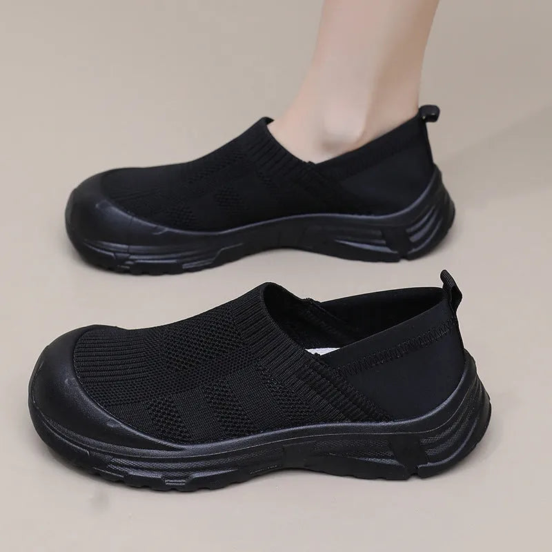 Women's black slip-on one pedal shoes with soft PVC sole and breathable cloth upper