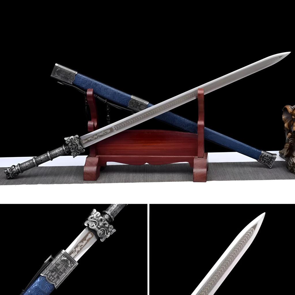 Ancient-style Tang sword with 73cm unsharpened high manganese steel blade, solid wood scabbard with leather covering