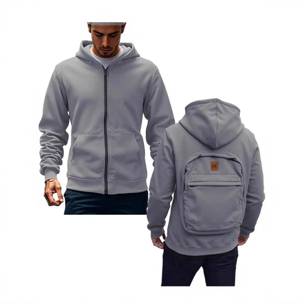 Casual loose-fitting hoodie cardigan back schoolbag sweater for men in light gray with stick pocket