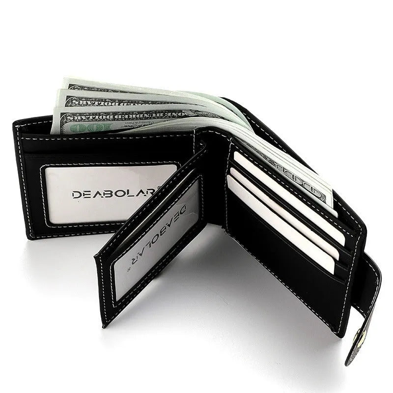 Black men's wallet with animal pattern, multiple card slots and zipper closure