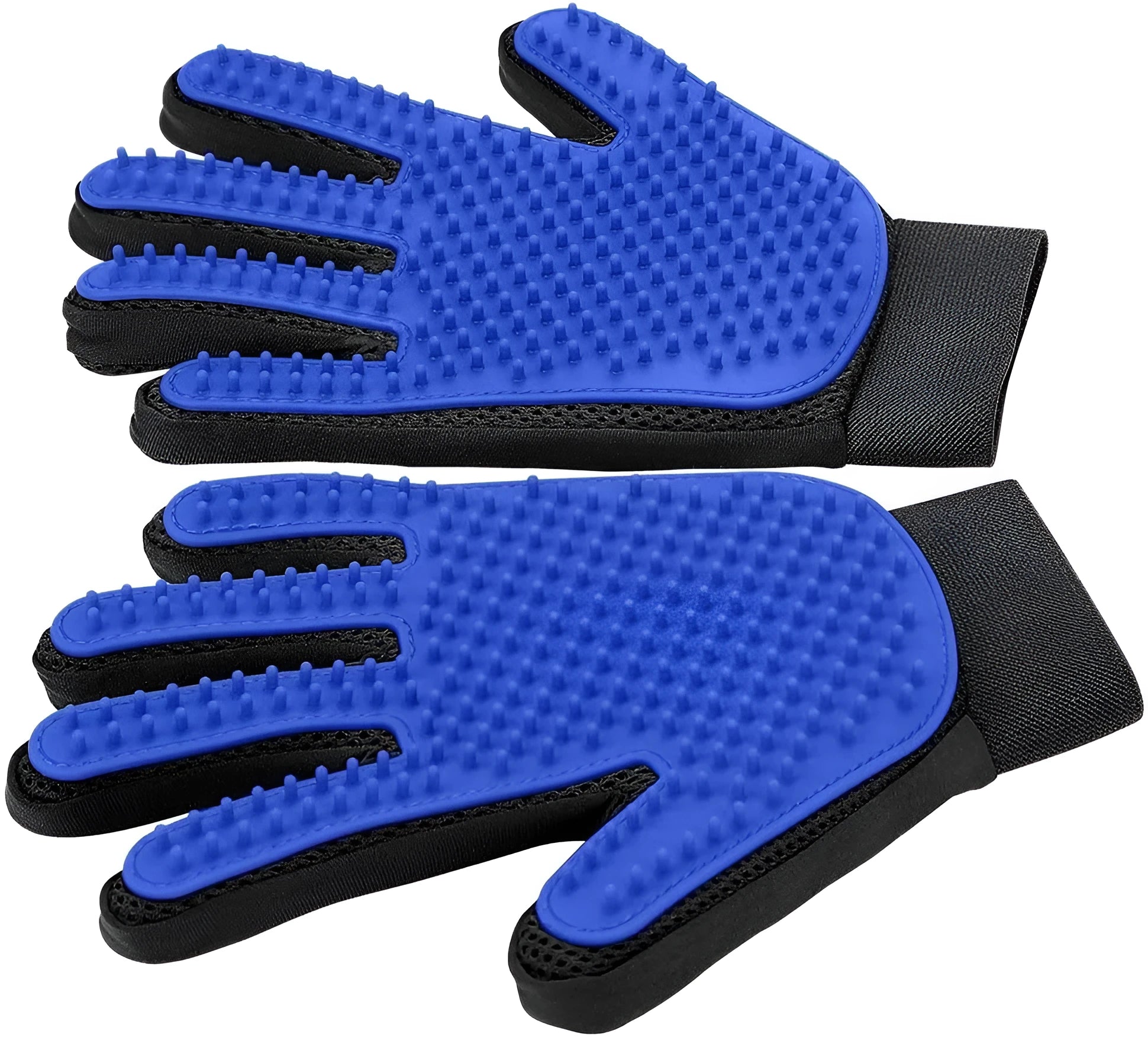 Blue pet grooming gloves with silicone tips for removing loose hair from dogs cats and horses