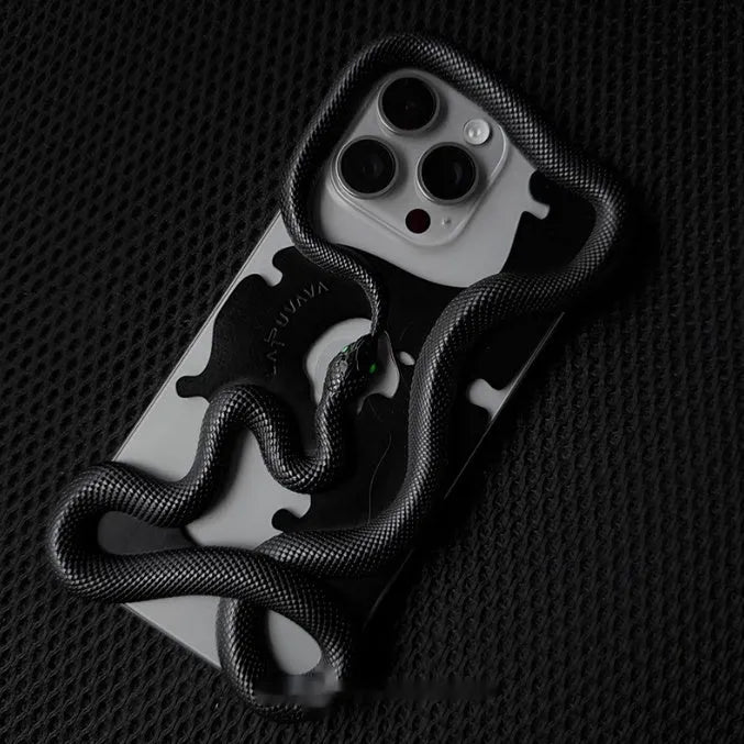 Black tailed snake hollowed out decorative phone case for iPhone 12-16 Pro Max