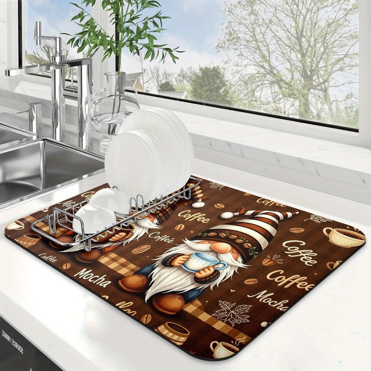 Square PVC kitchen countertop draining pad for coffee maker in K Coffee Time design, 30x40cm to 50x60cm