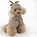 Camel coloured detective suit style cotton pet cloak with adjustable hat shown on dog model