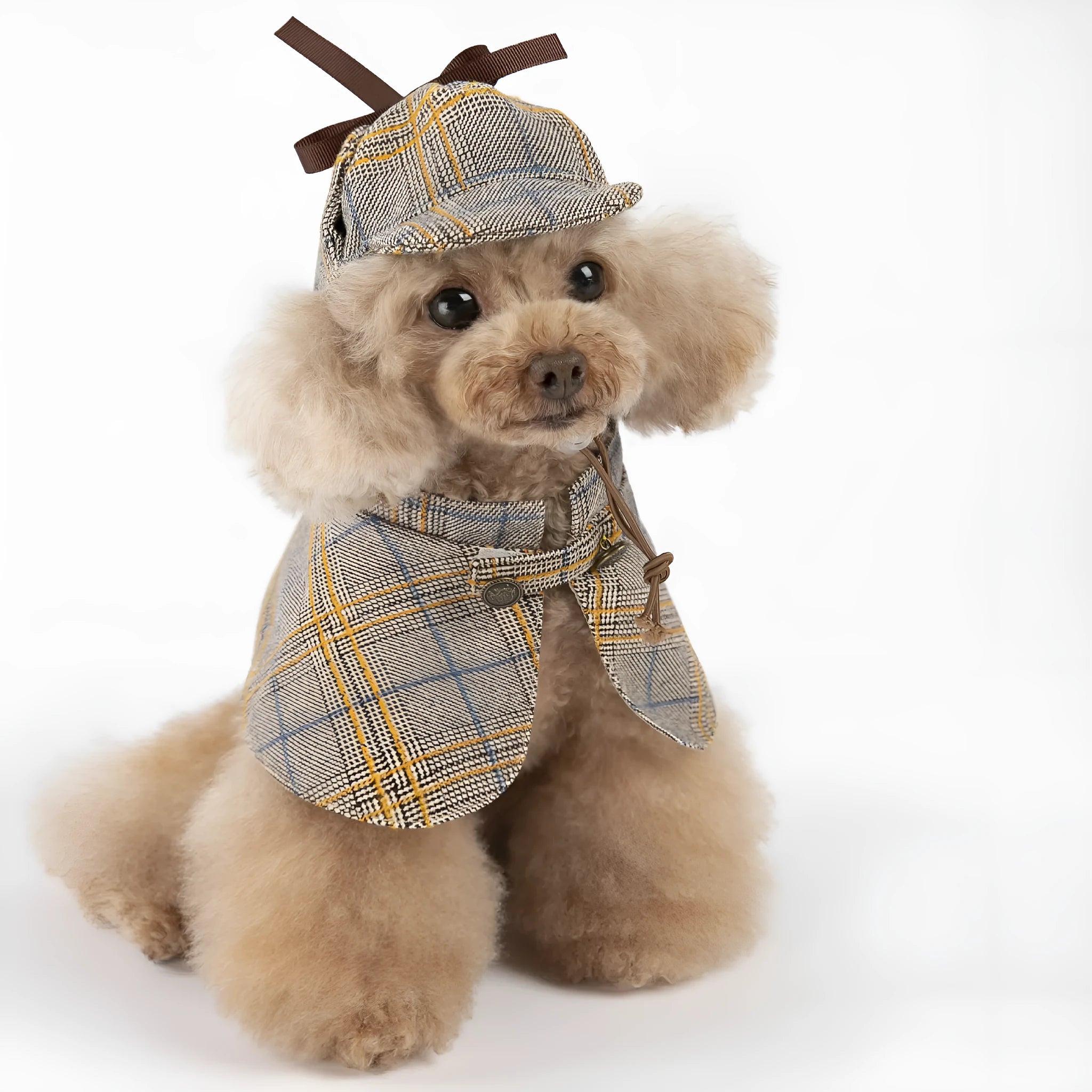 Camel coloured detective suit style cotton pet cloak with adjustable hat shown on dog model
