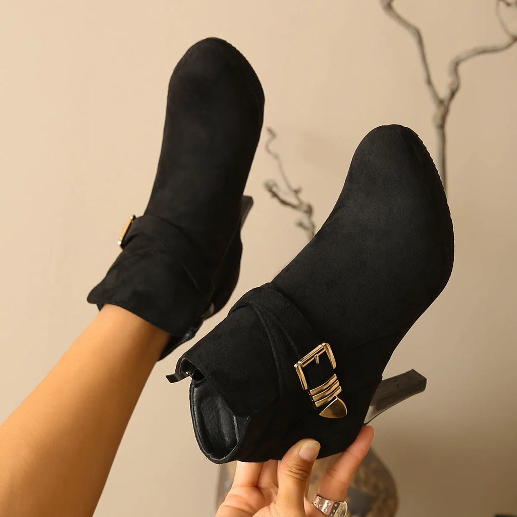 Women's plus size suede stiletto mid-calf boots in black, brown or khaki with 6-8cm heel and round toe