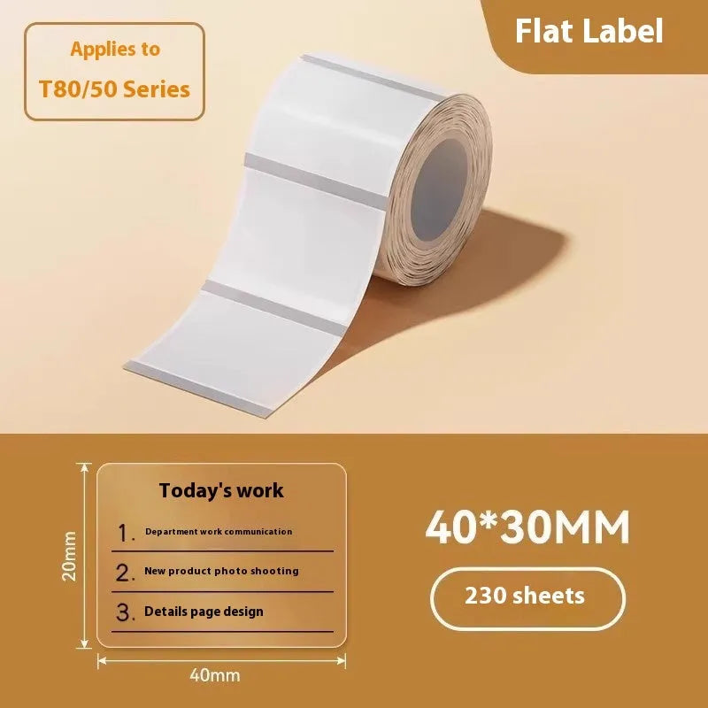 Transparent waterproof adhesive labels in multiple rectangular and circular sizes on thermal synthetic paper roll