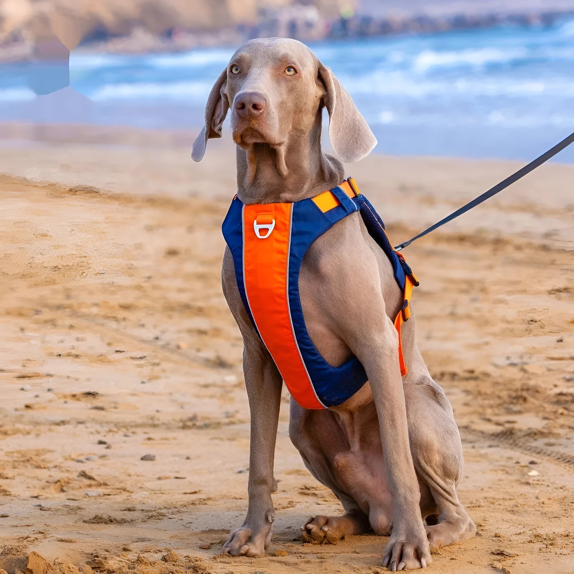 Orange blue nylon dog chest strap harness showing vest style design with single chest back loop