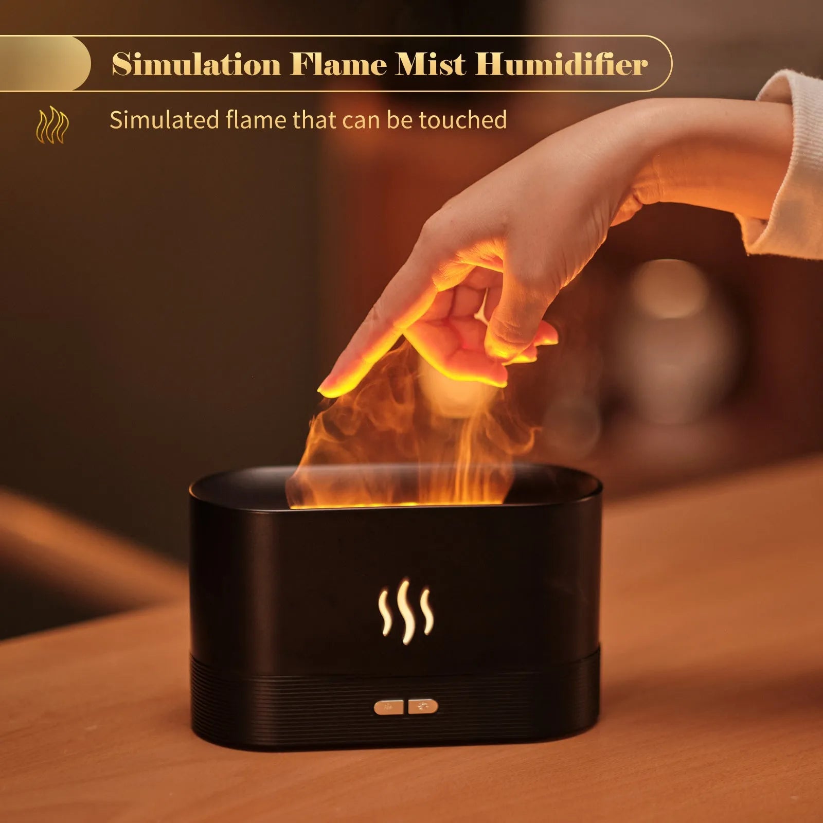 Square black ultrasonic aroma diffuser with flame light effect and water tank on a wooden table.
