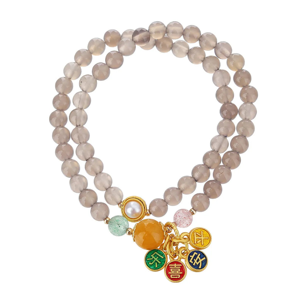 Natural grey agate bracelet with two circles and safe and happy design for women
