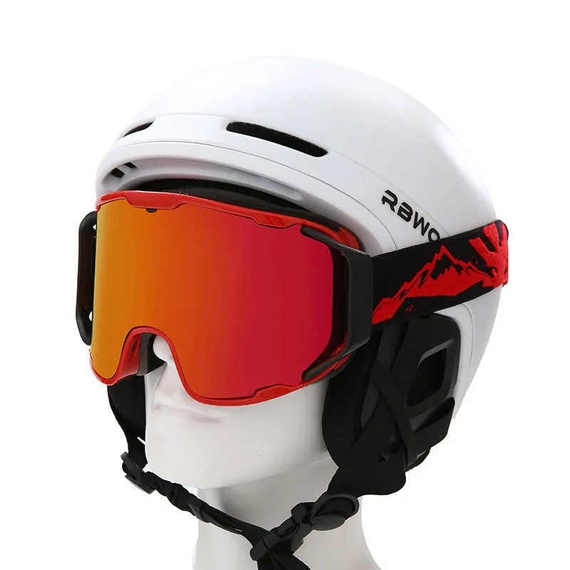 Ski goggles with double-layer anti-fog lens and full real film coating in bright white frame with silver powder film