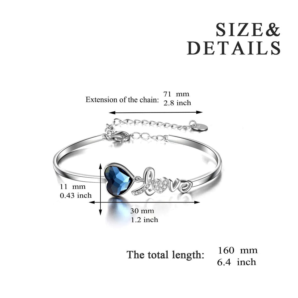 Blue Austrian crystal heart bangle bracelet with Love engraving in white gold plated sterling silver