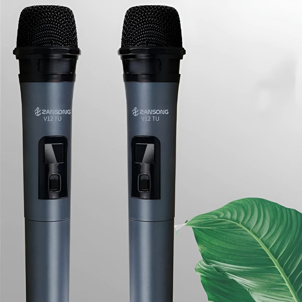 Black V12 wireless dynamic handheld microphone with USB receiver and cables