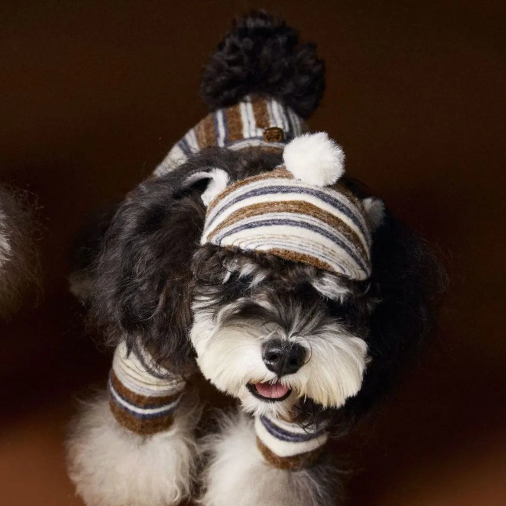Striped fur ball pet hat for dogs in coffee colour, acrylic knit casual autumn accessory