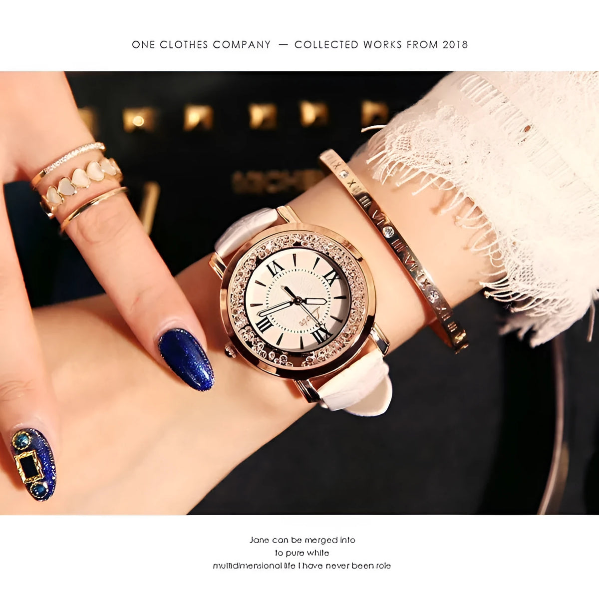 Rhinestone women's quartz watch with round 3.8cm dial, metal case, PU strap, and pin buckle.