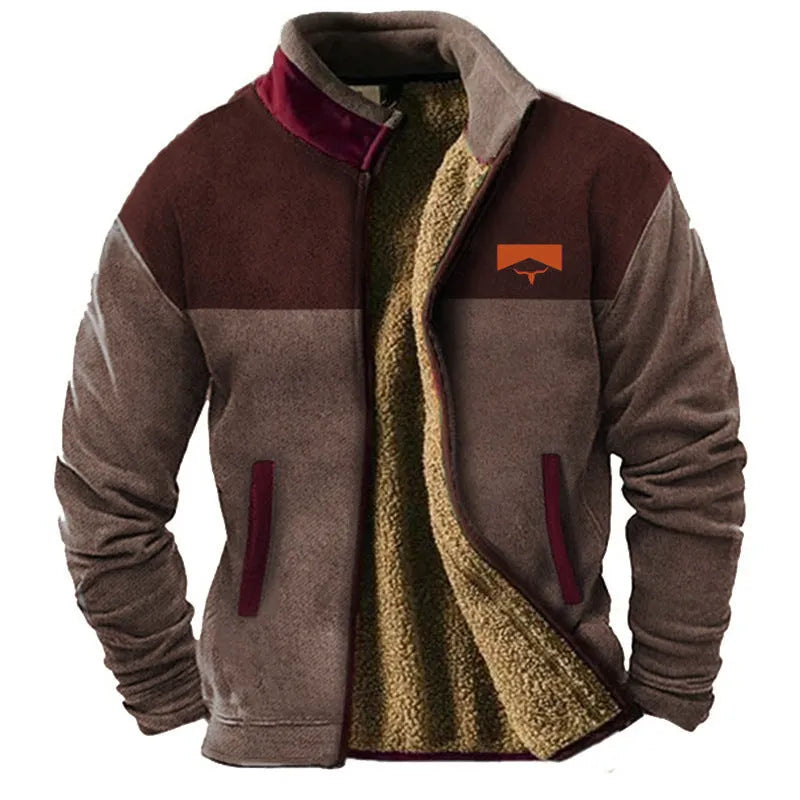 Men's light brown padded polyester coat on a hanger, showing regular 50cm length.