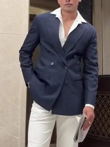 Men's striped double breasted blazer with regular fit on mannequin