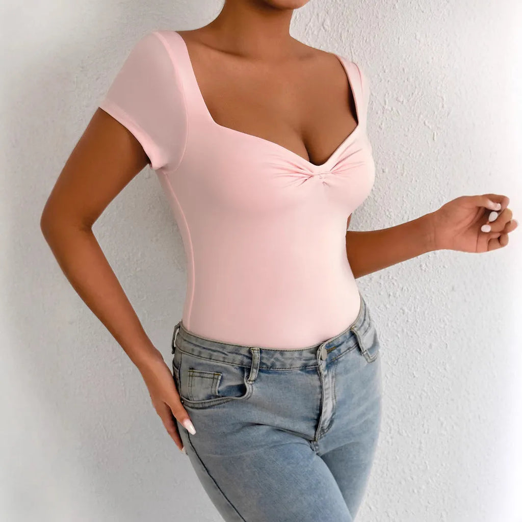 Light pink V-neck short sleeve bodysuit, slim fit, 65cm mid-length, pullover style, women's commuting jumpsuit.