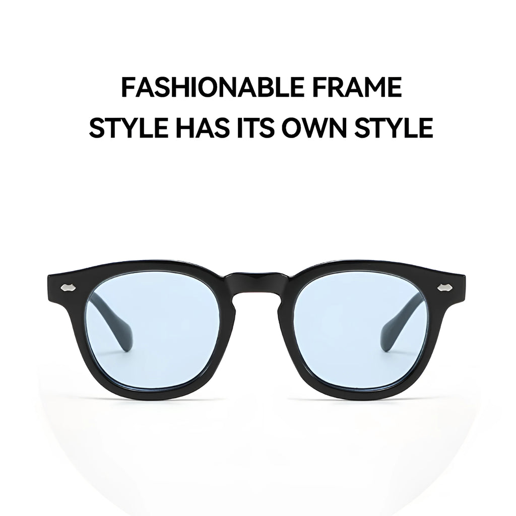 Simple round rim retro sunglasses with plastic frame on a solid background.