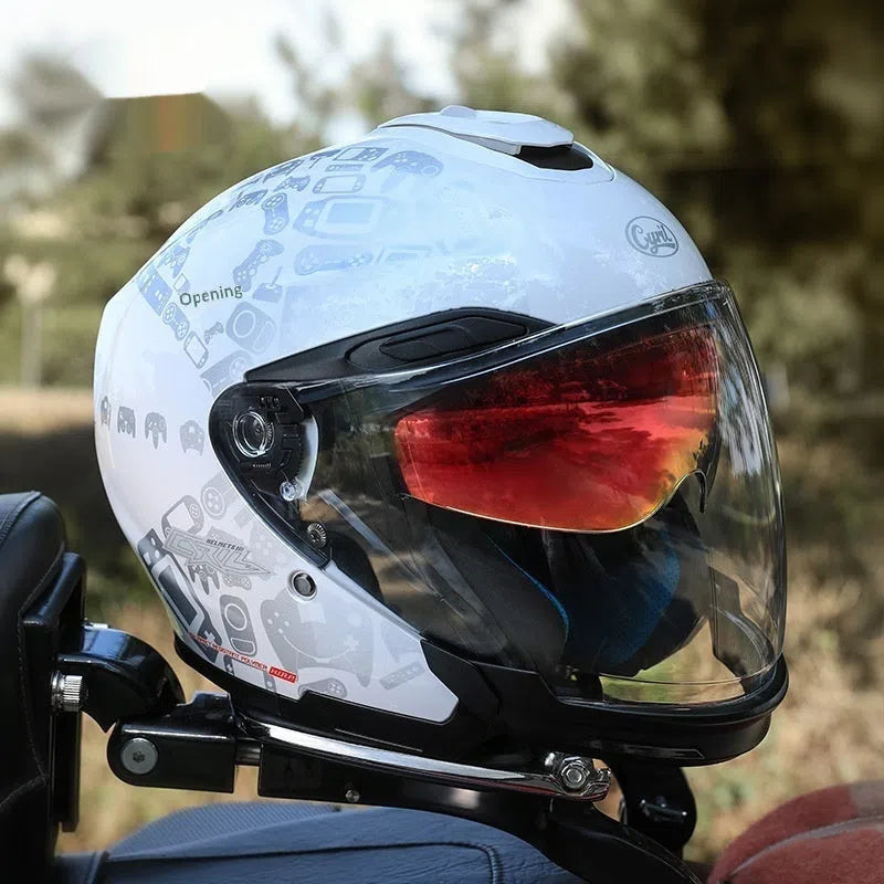Men's motorcycle half helmet with double visor and ABS shell, sizes M to 3XL, multiple colours