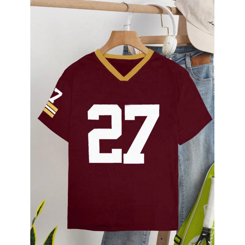 Loose fit red cotton T-shirt with printed letter design and short sleeves