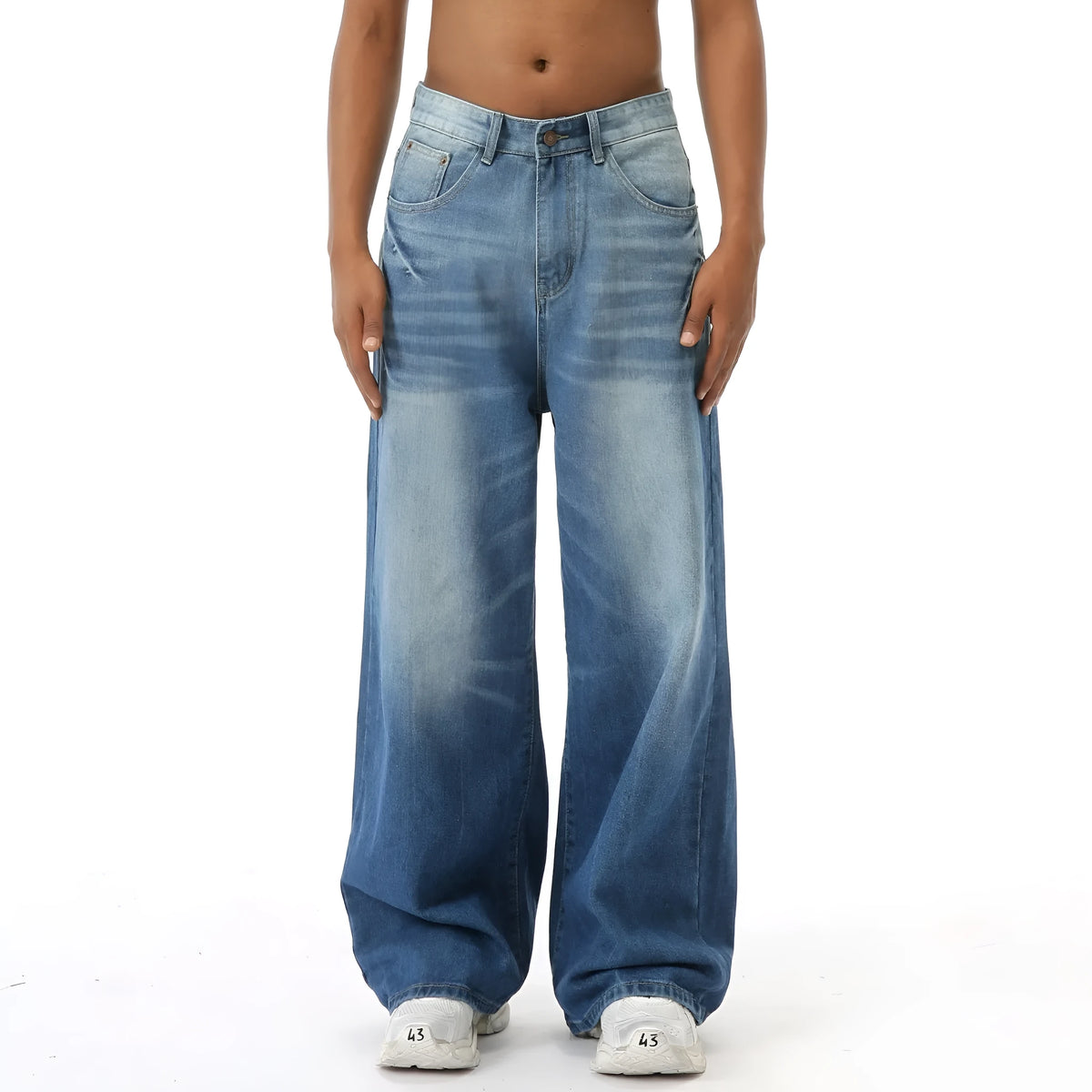 Men's retro washed light blue jeans, loose straight wide leg, mid waist, zipper fly, cotton blend