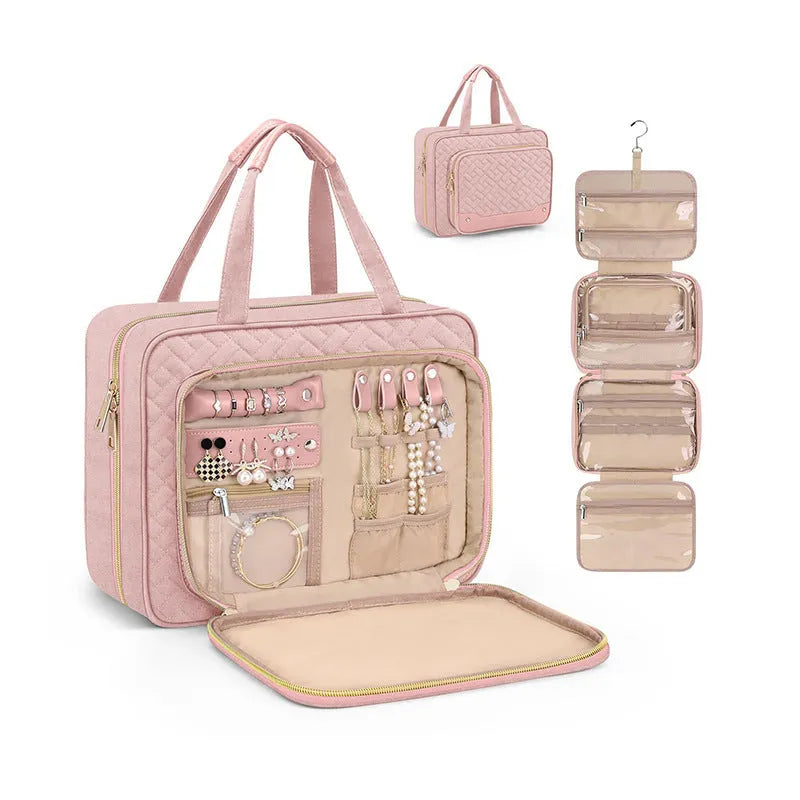 Waterproof polyester hanging cosmetic bag with internal compartments in pink colour