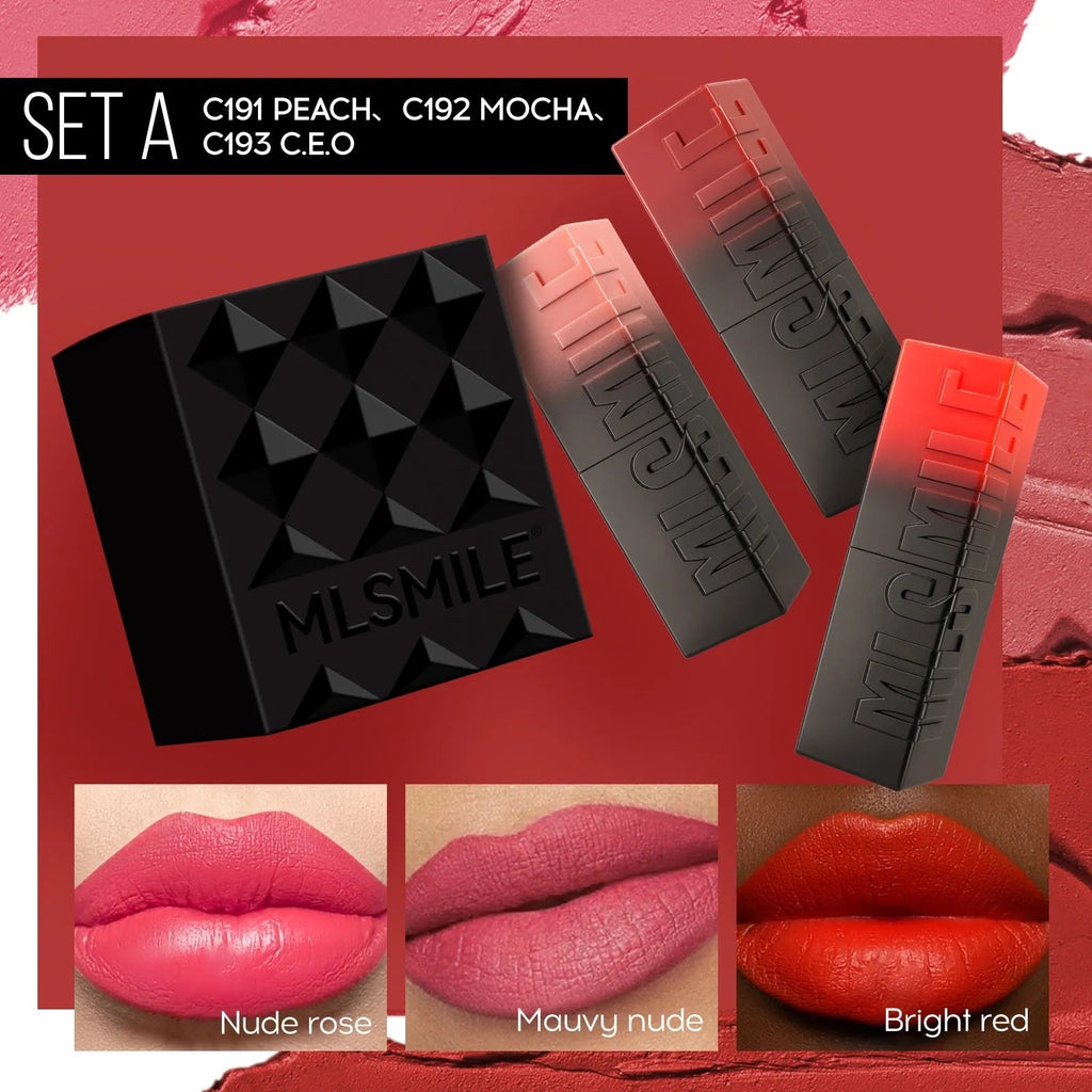 MLSMILE embossed lipstick set of three tubes in a box measuring 7.7cm by 6.8cm.
