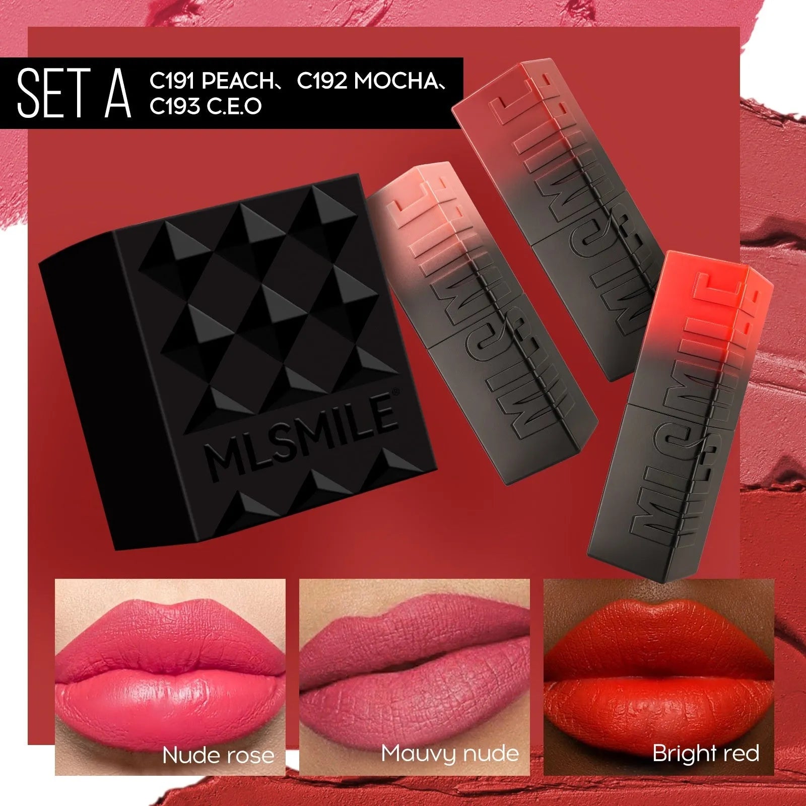 MLSMILE embossed lipstick set of three tubes in a box measuring 7.7cm by 6.8cm.
