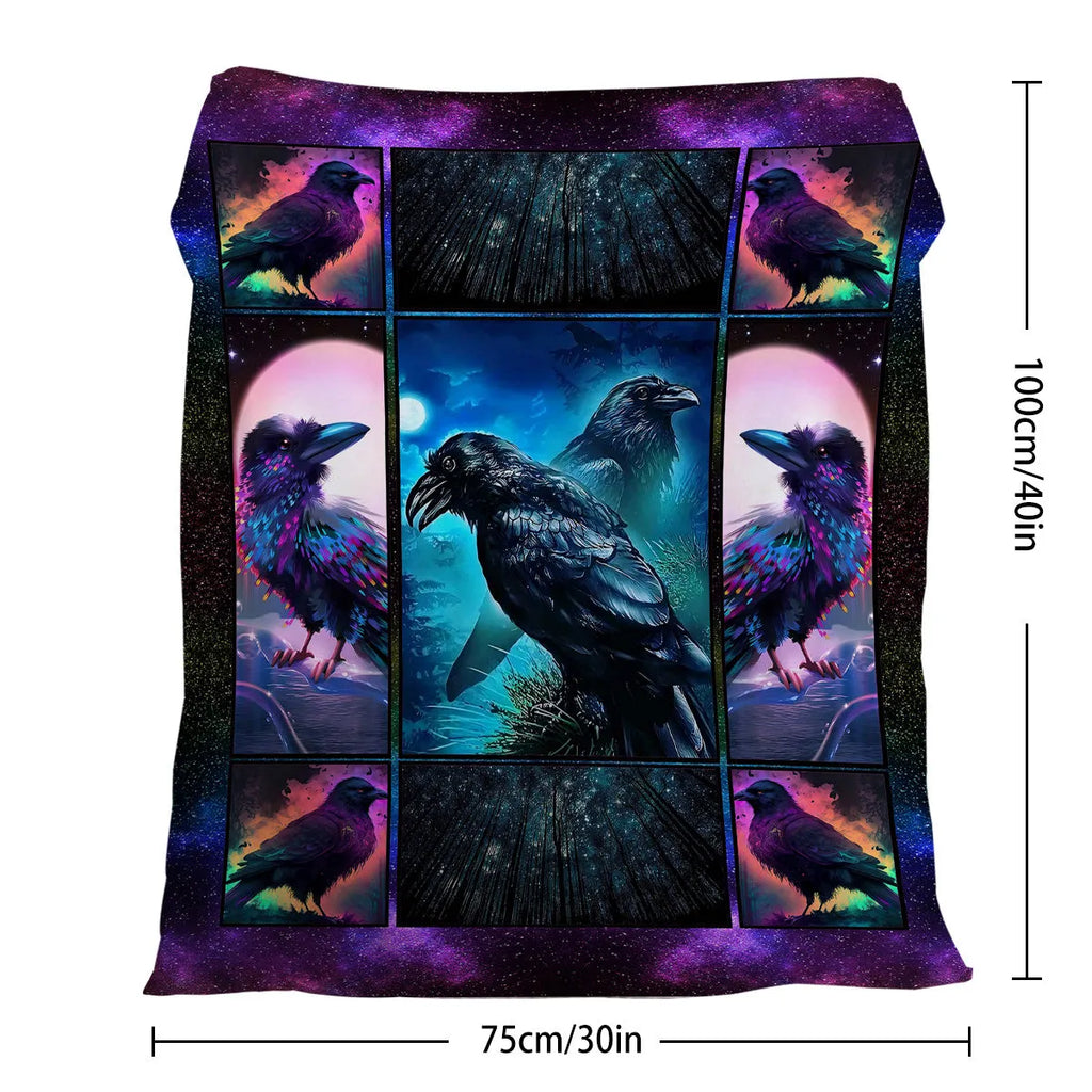 Multicoloured flannel velvet blanket with raven print, three size options, hemmed edges for durability