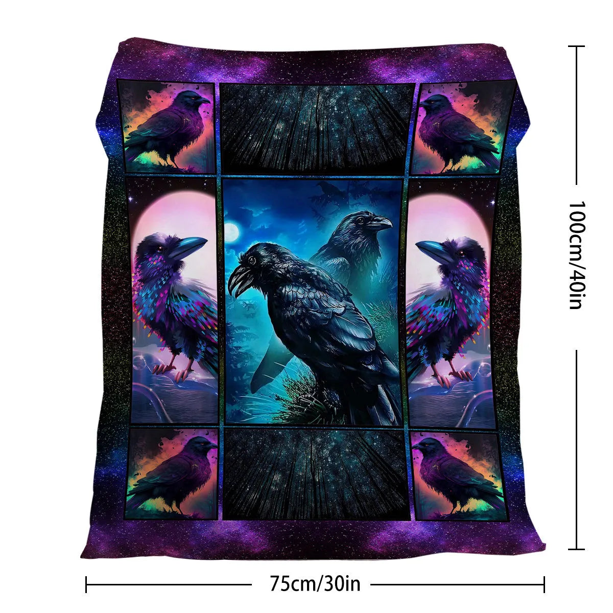 Multicoloured flannel velvet blanket with raven print, three size options, hemmed edges for durability