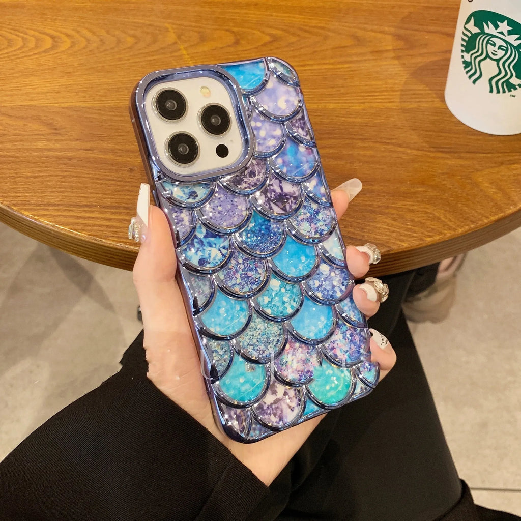 Mermaid scale three-dimensional TPU phone case with electroplated metallic finish for iPhone