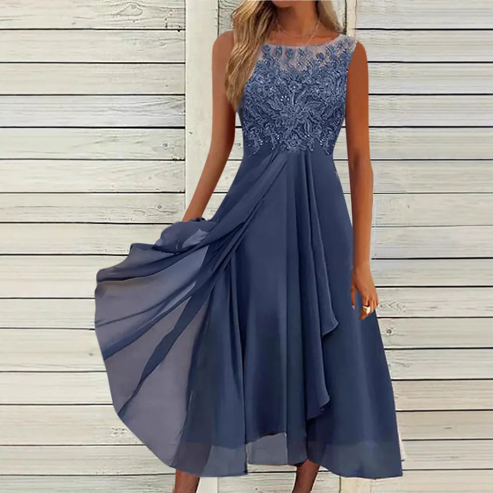 Women's sleeveless green chiffon dress with lace hollow-out detail on a mid-length skirt.