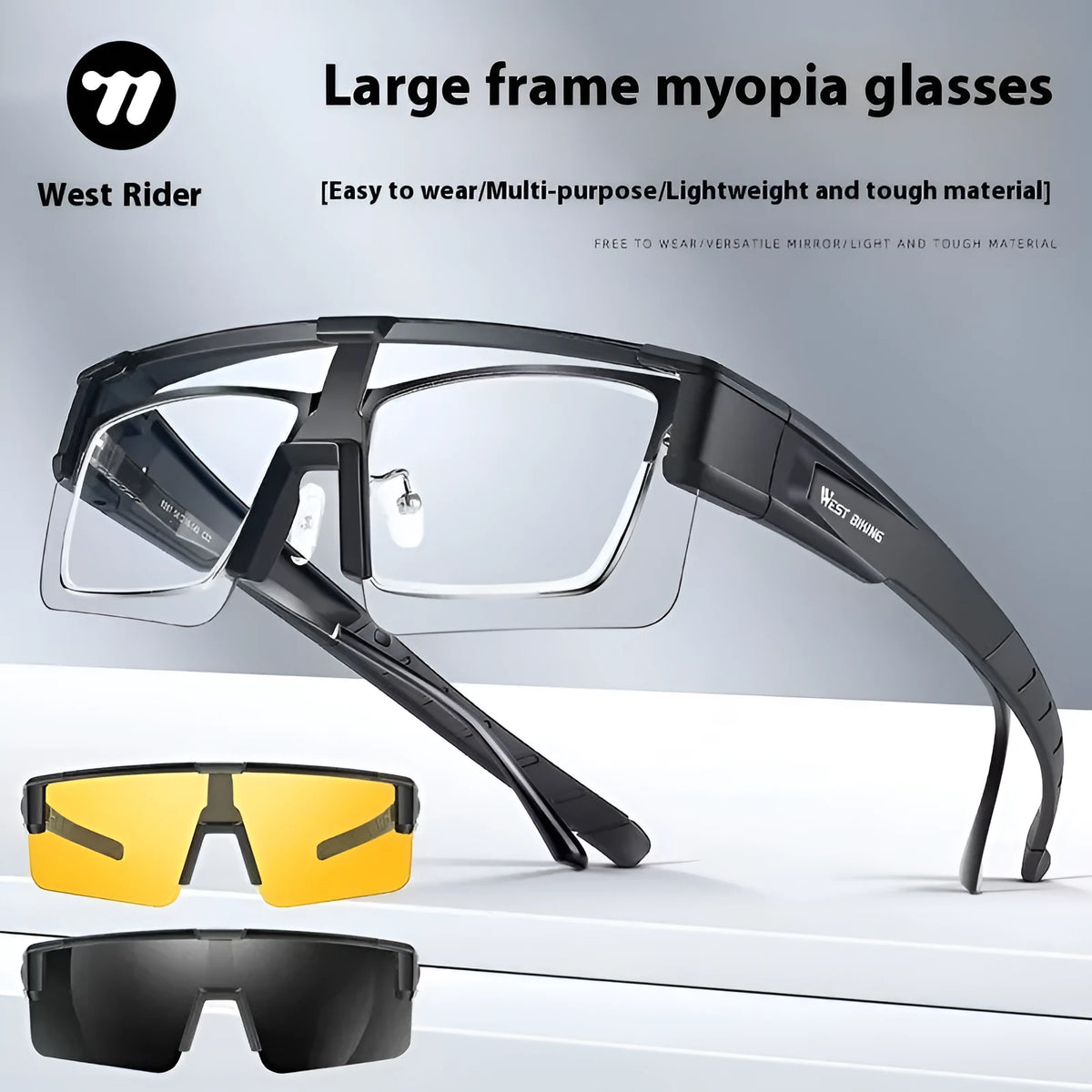 Bicycle colour changing glasses with large frame and semi-rimless design in black and gray