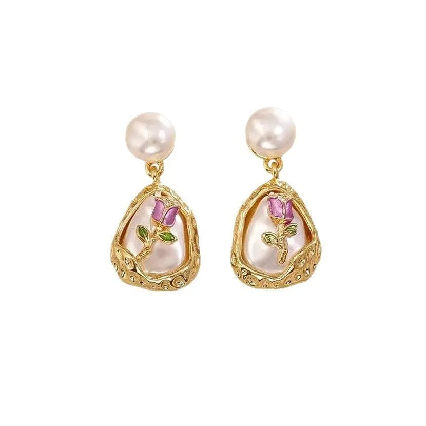 Rose baroque pearl stud earrings for women, copper base with pearl inlay, geometry shape, one pair