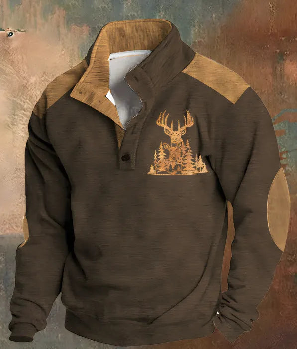 Loose fit long sleeve sweater with a 3D digital printed pattern and a four-button placket front.