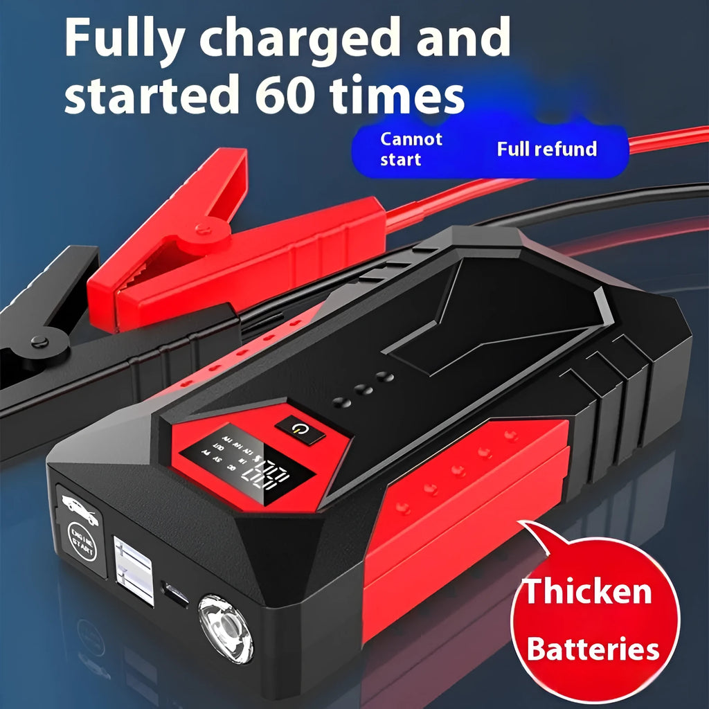 Red 12V car jump starter power bank with battery clamps, 18800mAh capacity for emergency vehicle starting