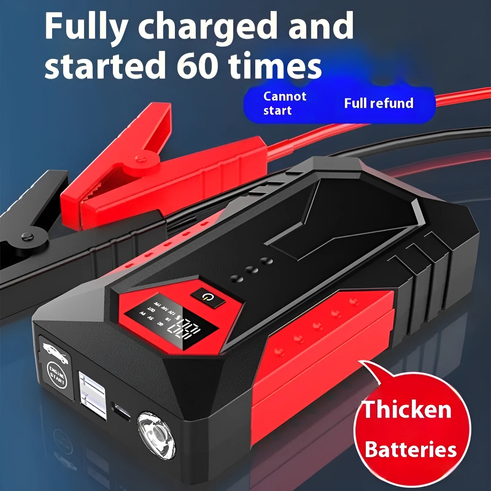 Red 12V car jump starter power bank with battery clamps, 18800mAh capacity for emergency vehicle starting